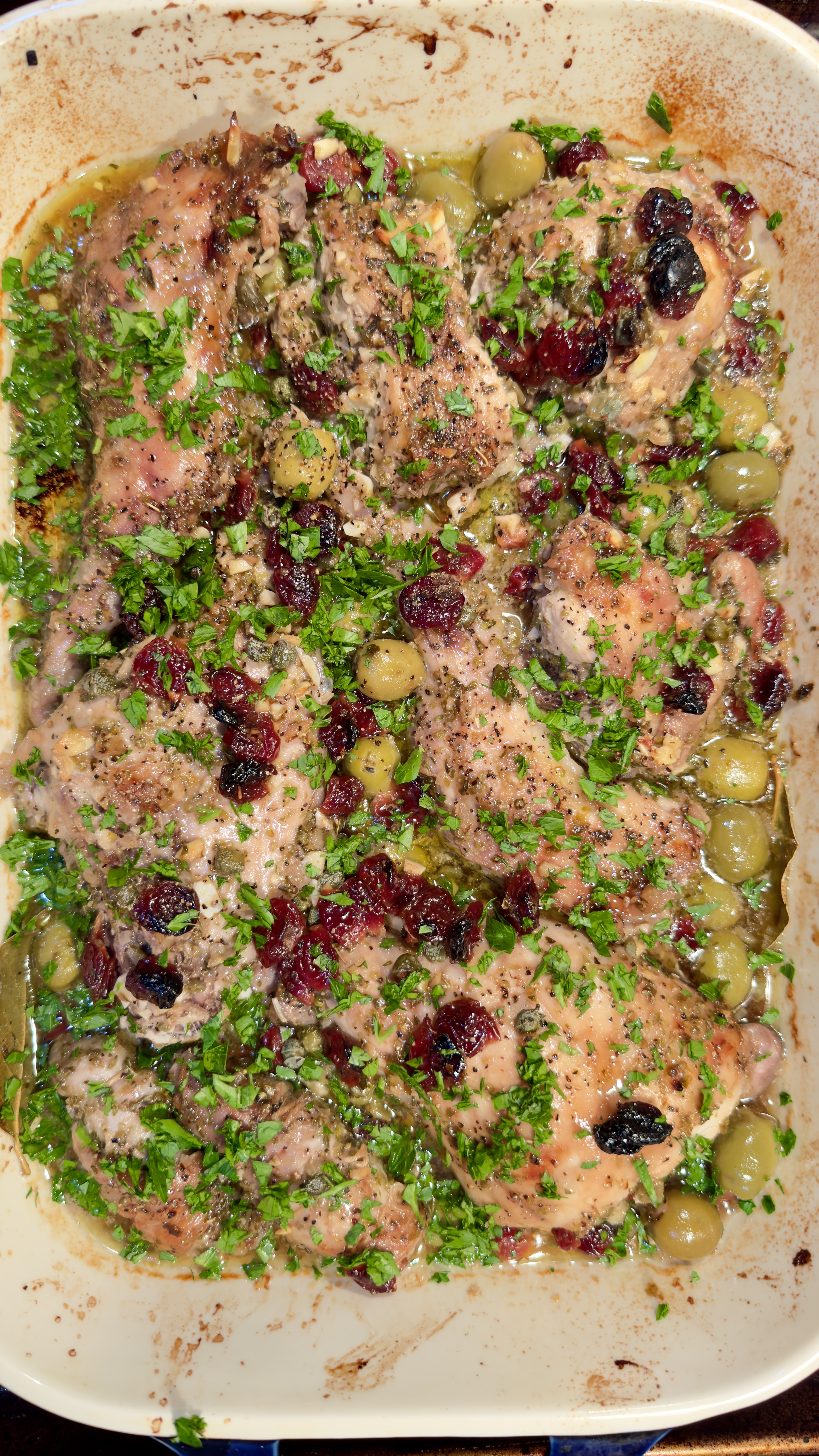 Braised Rabbit in White Wine w/Cherries, Olives, & Capers